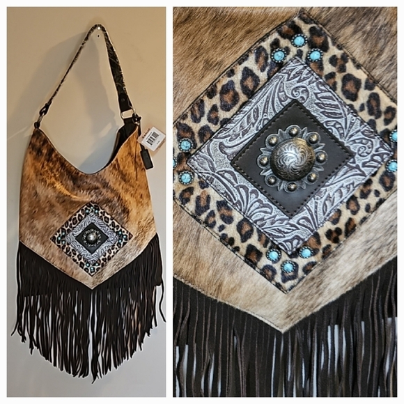 NEW! ARIAT Nashville Genuine Leather Calf Hair Fringe Accent Shoulder Bag Purse. - Picture 2 of 12